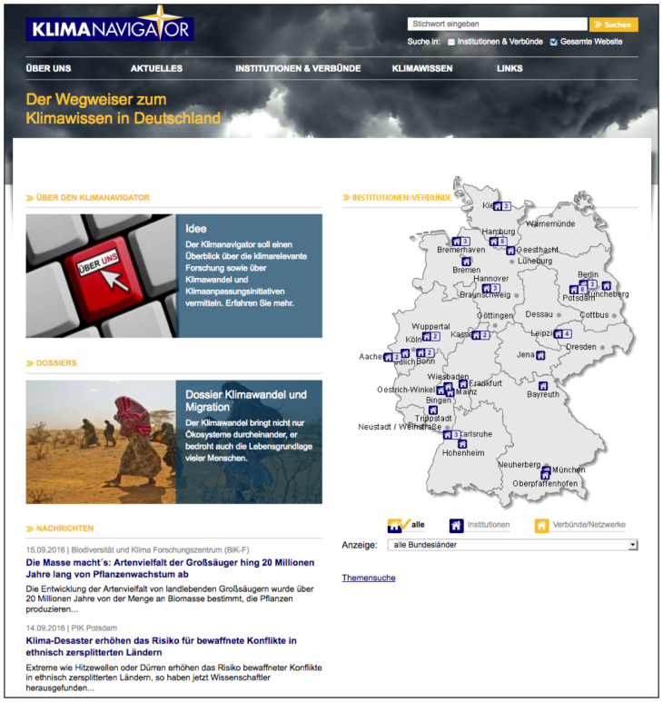 Screenshot Klimanavigator Startseite Rahmen